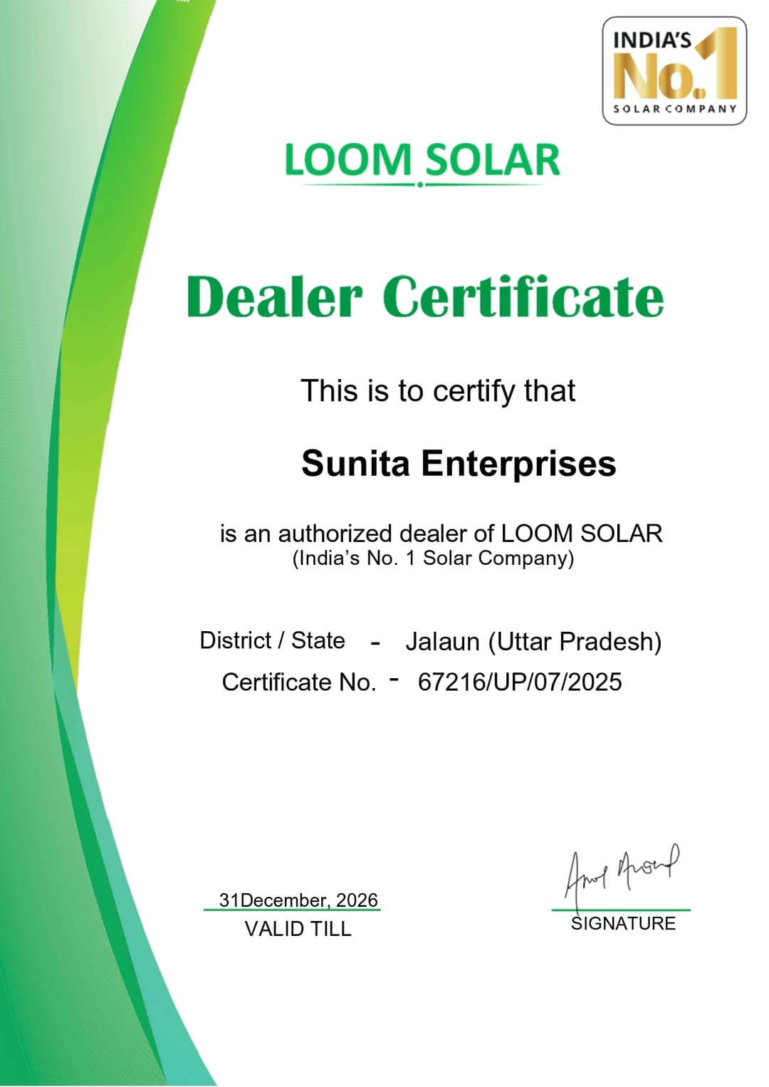 Loom Solar Dealer Certificate
